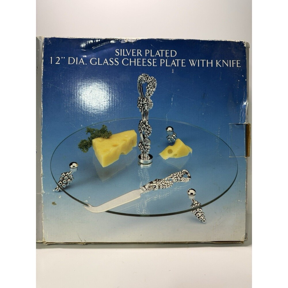 Vintage Silver‑Plated Glass‎ Cheese Plate with Grape‑Handle Knife (A3) - Picture 2 of 5